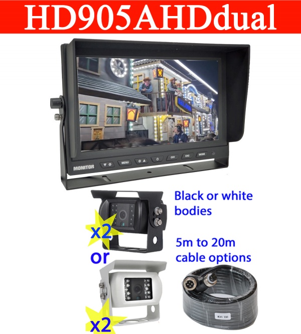 Heavy duty 9 inch AHD dash mount monitor and 2 bracket reversing cameras